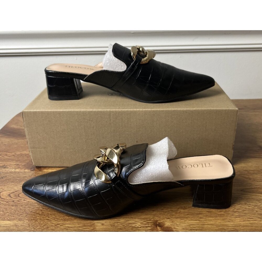 Tilocow Metal Chain Decor Mules Heels for Women Chunky Heeled Sandals Slip On 7